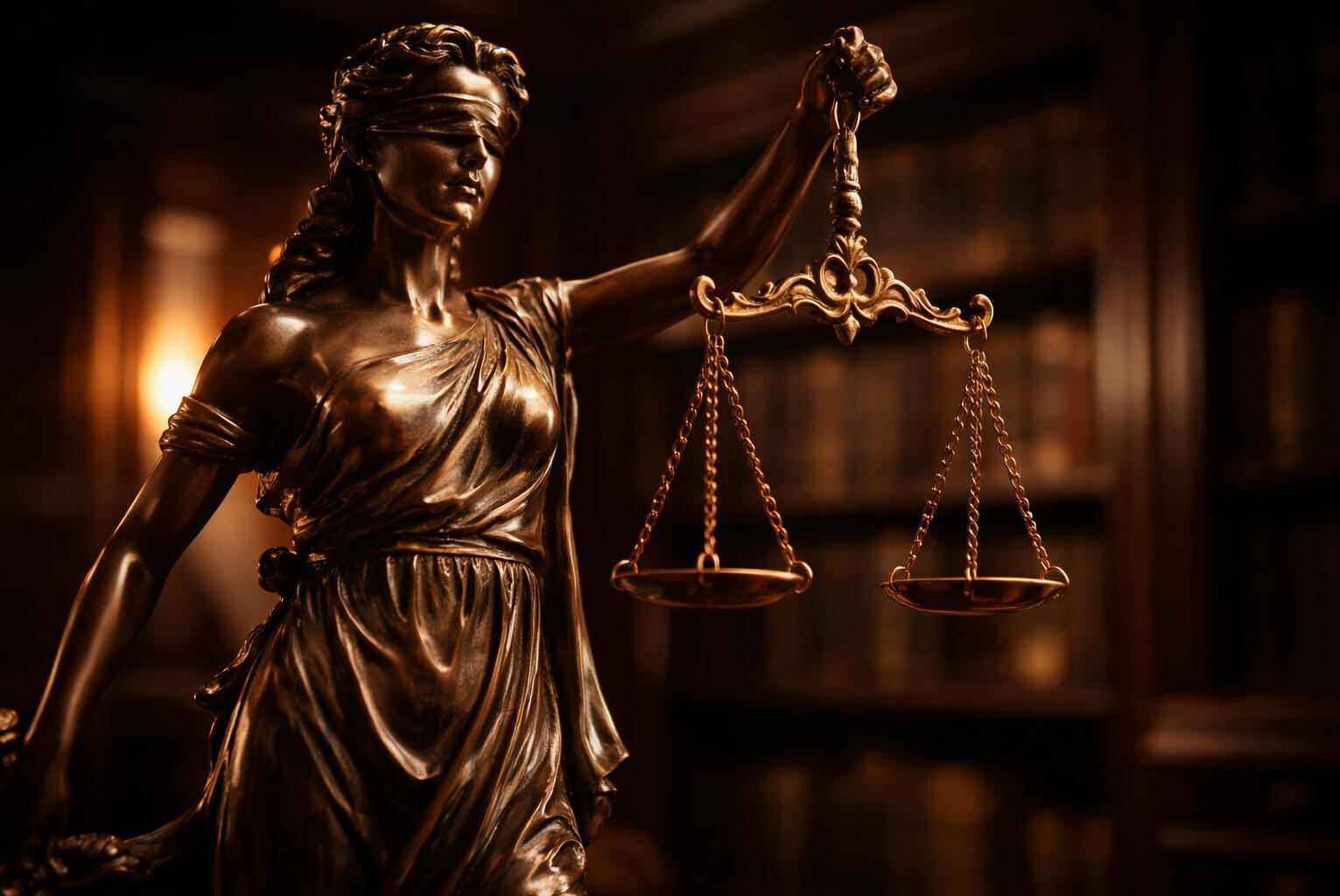 Estatua de bronce de la Dama de la Justicia con balanza en un despacho de abogados oscuro. Consultoría SENSUS para entornos legales seguros.